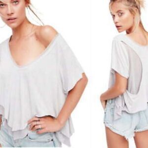 Free People Shirt Top Womens Small Flowy Gray Frill Wide Neck Short Sleeve Lined